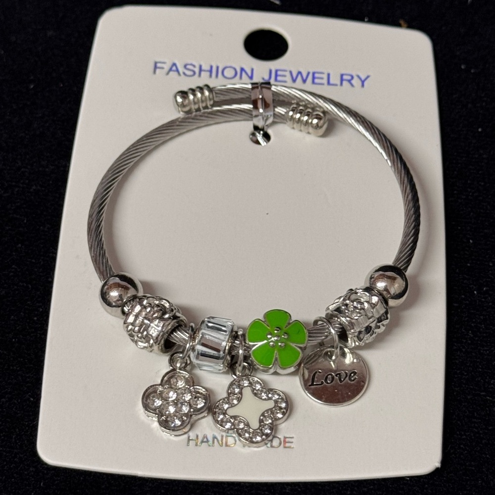 Stainless Steel  White & Green Floral Clover Love Charm Bracelet